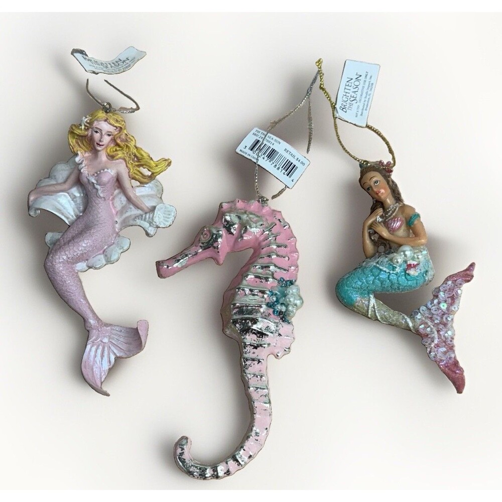 Brighten the Season Mermaid Seahorse Christmas Ornaments Lot 3 Pink Aqua Coastal